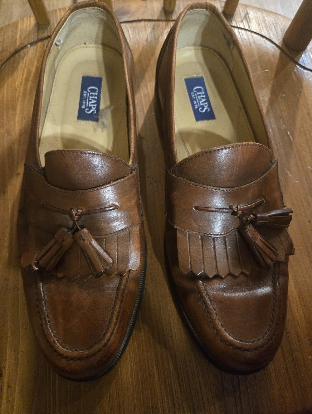 Chaps Mens 9M Brown Leather Kiltie Tassel Loafers Dress Shoes 096-8102